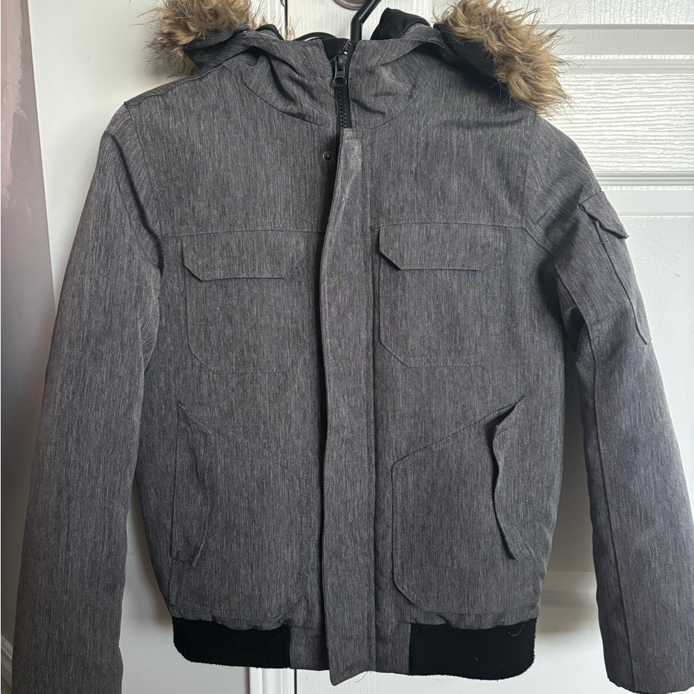 Kids Gray West 49 Hooded Jacket with Faux Fur Trim